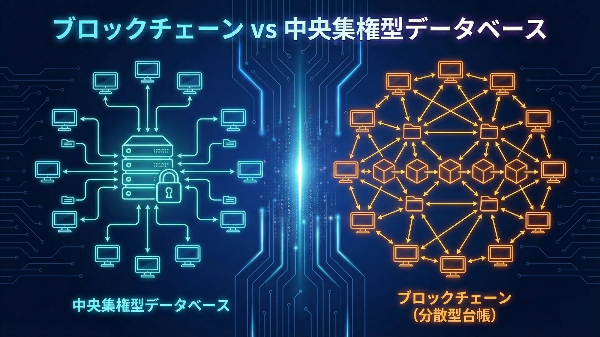 ブロックチェーンの概念図：分散型台帳と中央集権型データベースの比較