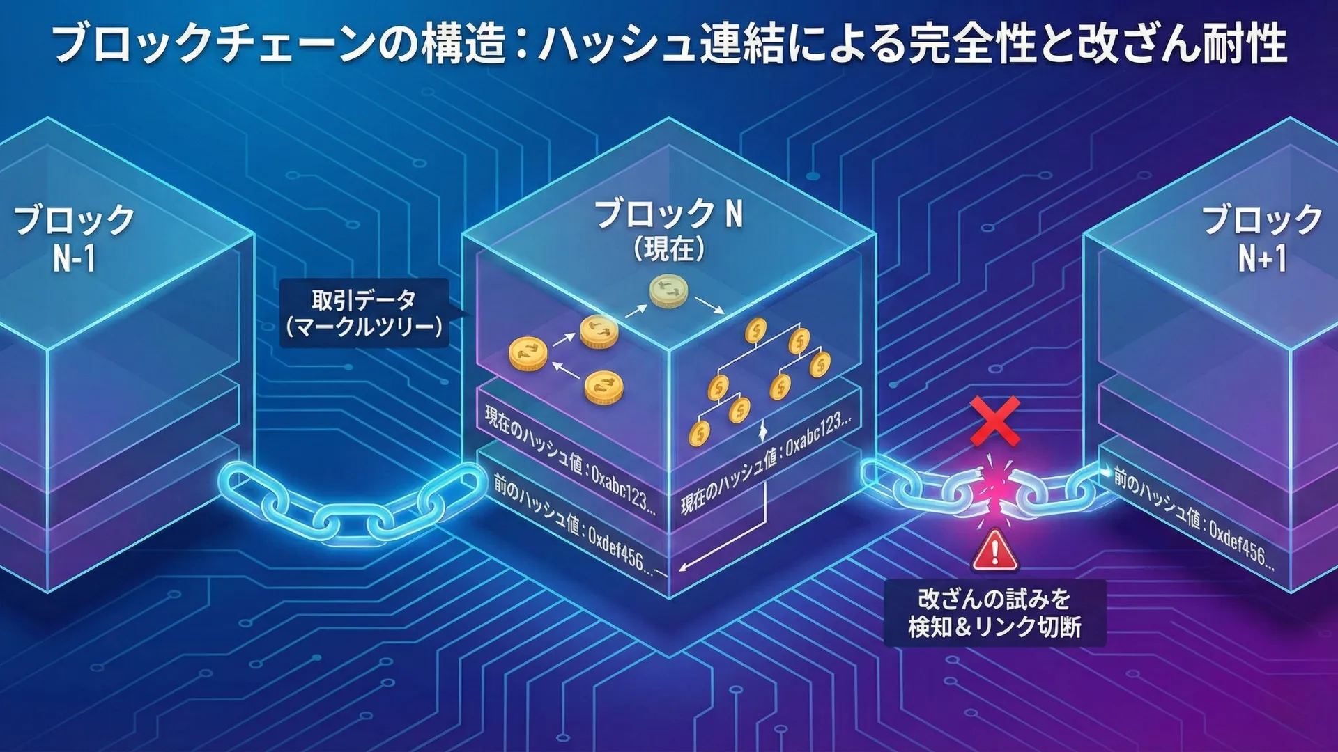 ブロックチェーンの構造図：ブロック内のデータ・ハッシュ値・前ブロックのハッシュ値が鎖状に連結される様子