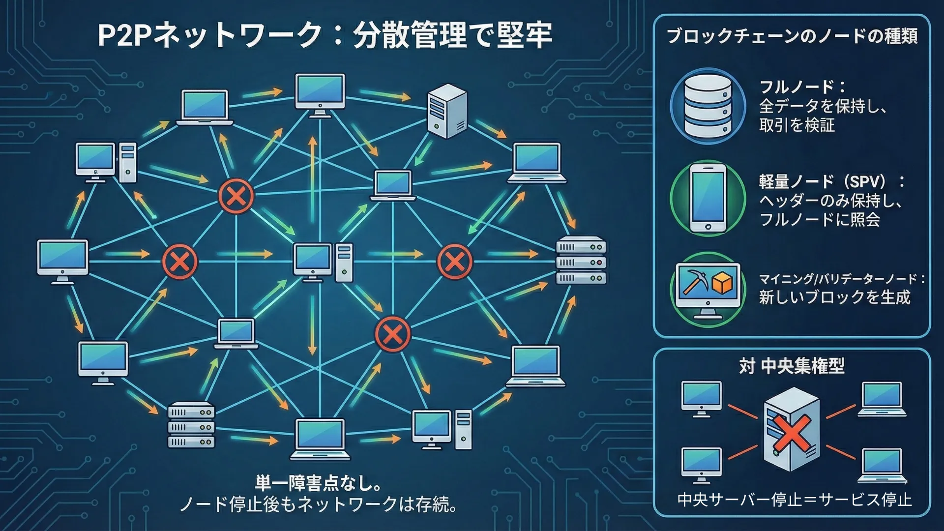 P2Pネットワークと中央集権型ネットワークの比較図