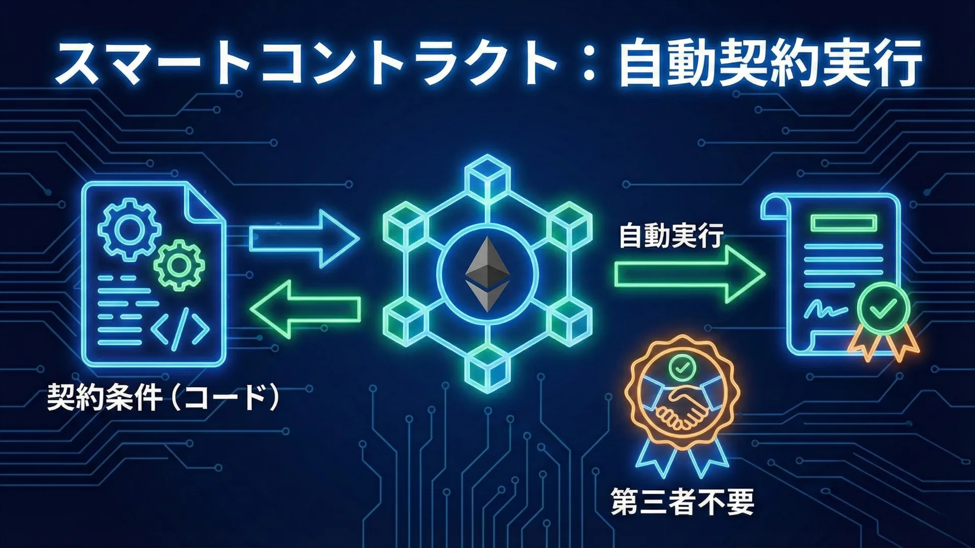 スマートコントラクトの仕組み：条件を満たすと自動的に契約が実行される流れ