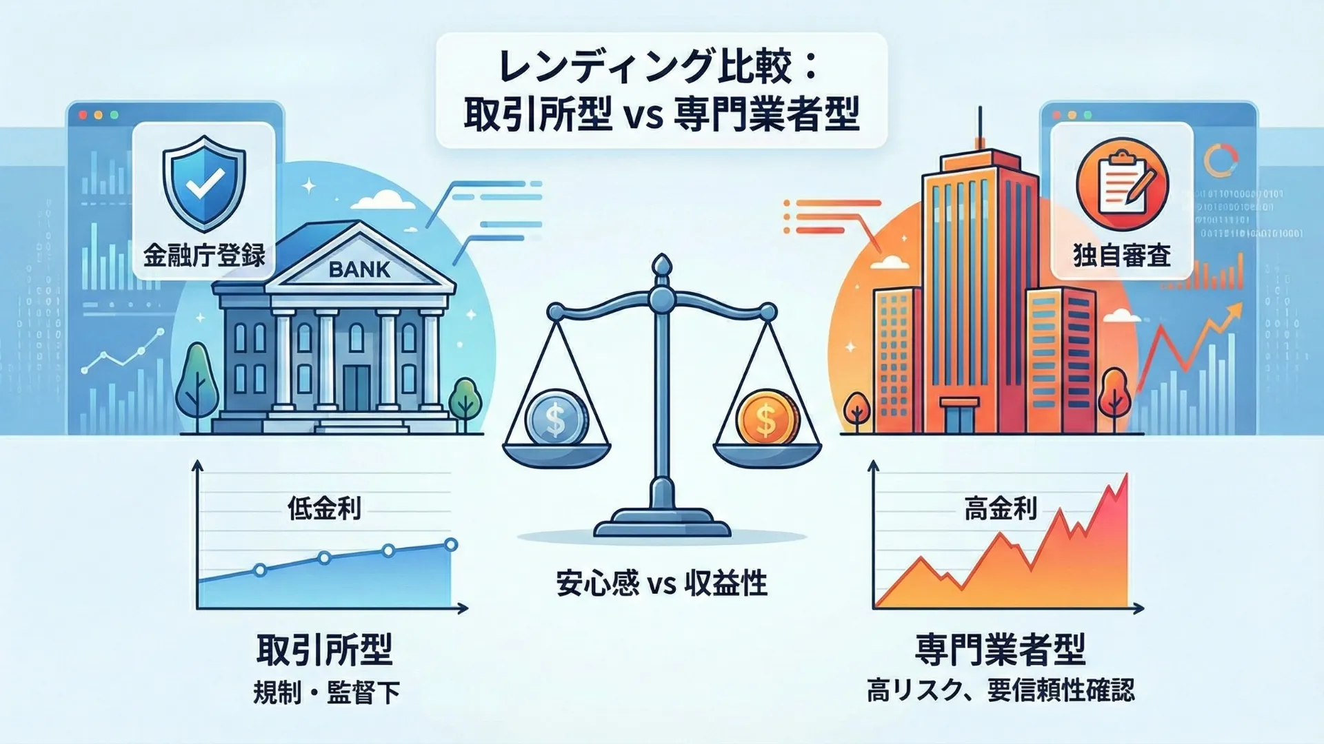 取引所型と専門業者型の比較チャート:金利・リスク・規制の違いを視覚化