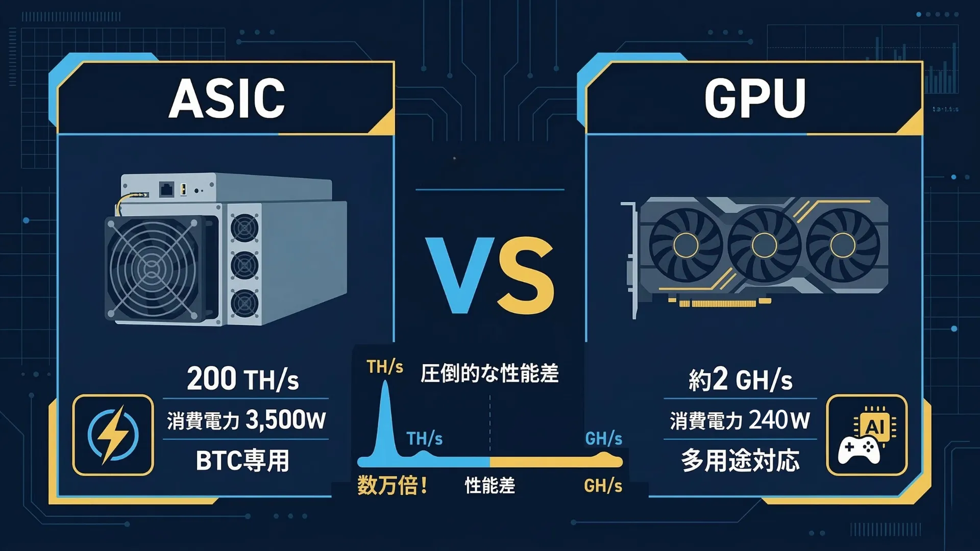 ASICとGPUの性能・消費電力・用途を比較したイラスト
