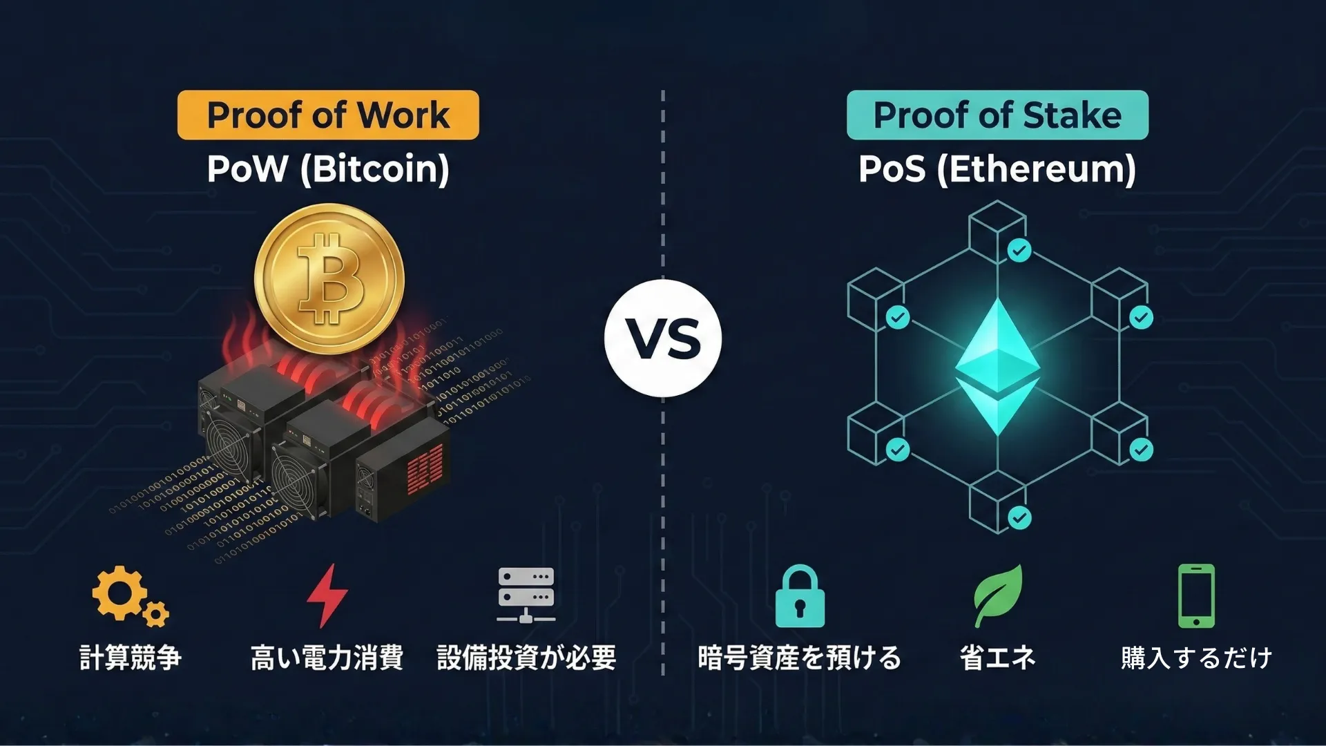 PoW（ビットコイン）とPoS（イーサリアム）の違いを図解：左にマイニング機器と計算競争、右に暗号資産の預け入れと検証参加を対比