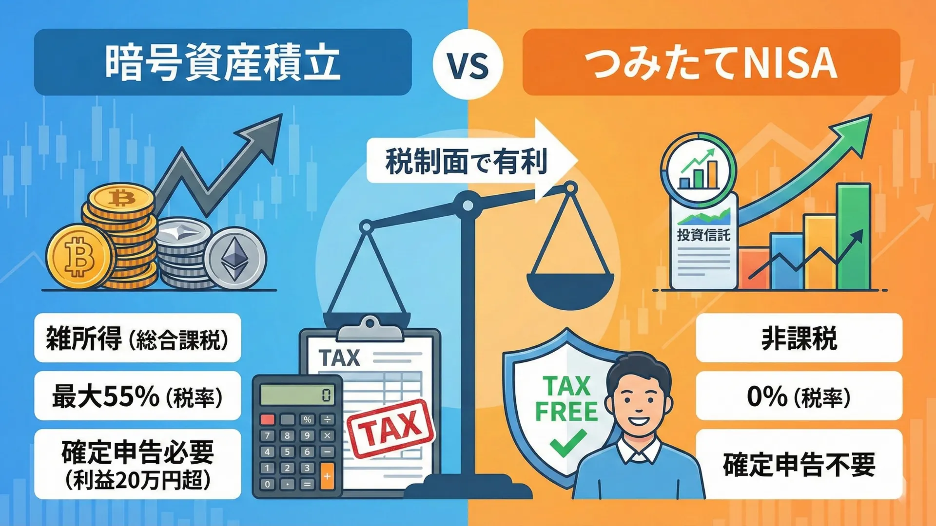 暗号資産積立とNISA(つみたて投資枠)の税制・リスク特性を比較した図