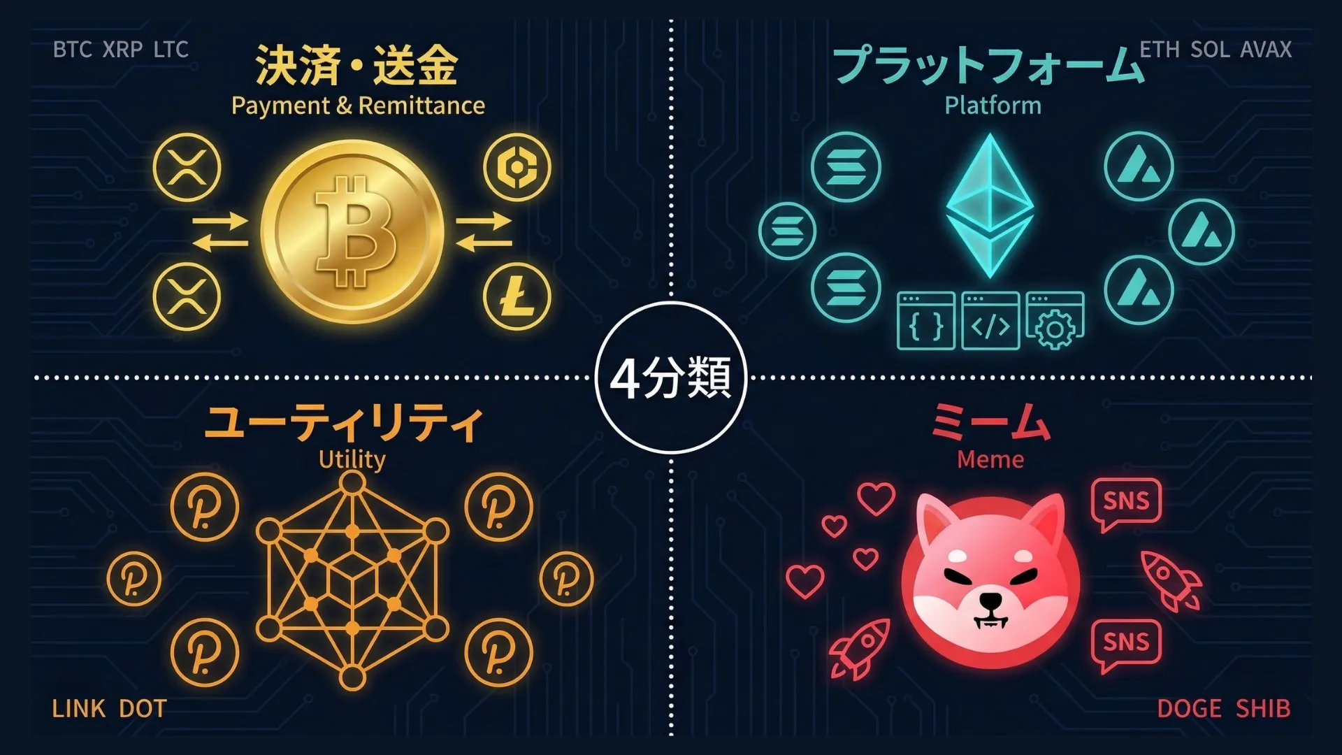 暗号資産の4分類（決済系・プラットフォーム系・ユーティリティ・ミーム）